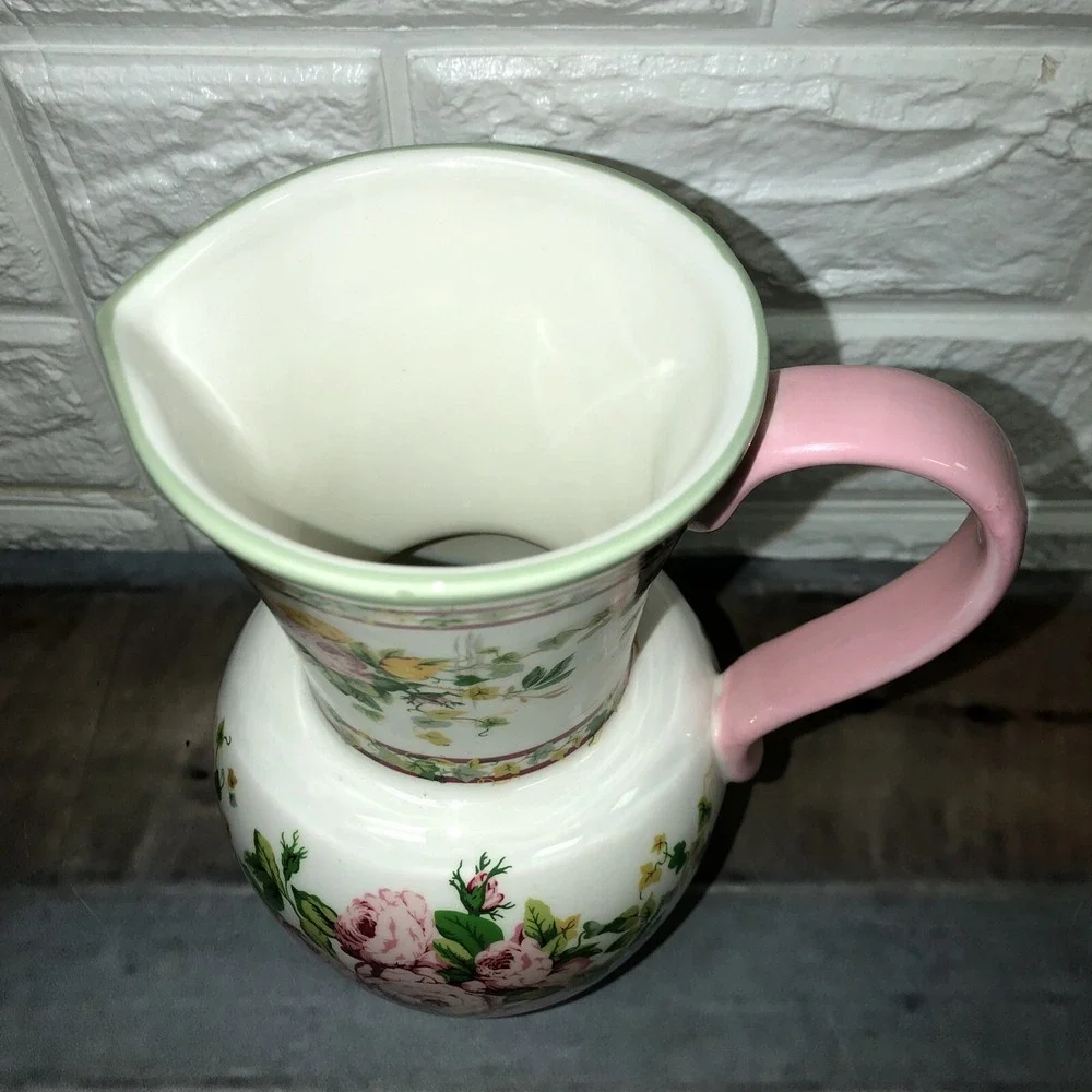 Vintage Laura Ashley Home Pink Roses Pitcher‎ Vase 7 1/2